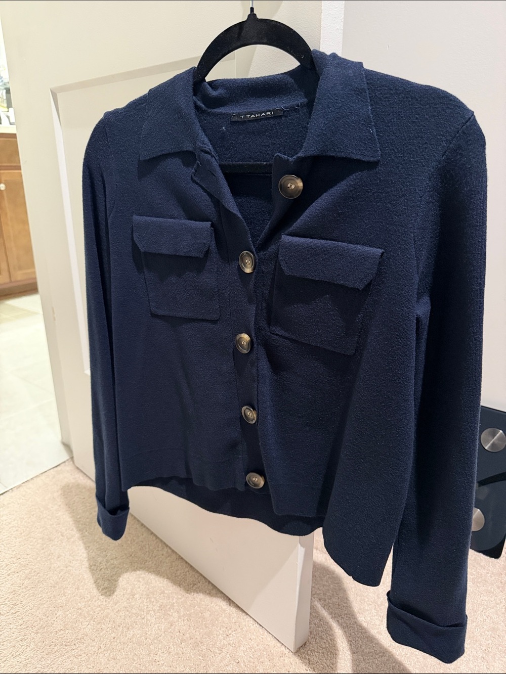 T Tahari Navy Button-Front Blazer Jacket